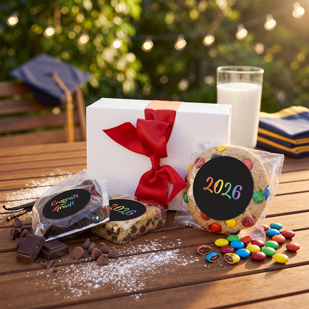 Graduation kosher cookies and brownies gift box with graduation themed treats