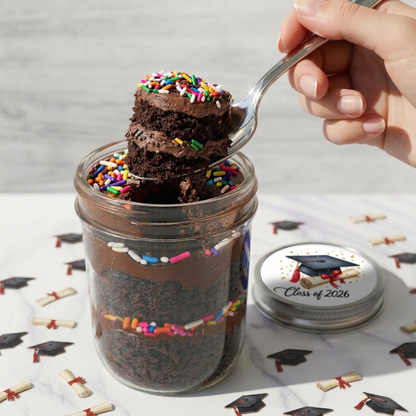 Spoonful of chocolate cake and rainbow sprinkles lifted from a graduation cupcake jar, kosher, made in Chestnut Hill MA
