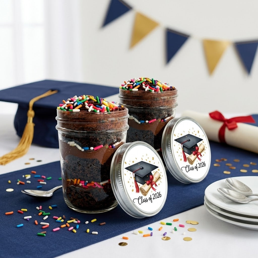 Graduation cupcake jars with chocolate cake, chocolate buttercream and rainbow sprinkles beside Class of 2026 lids and a graduation cap, kosher, made in Chestnut Hill MA