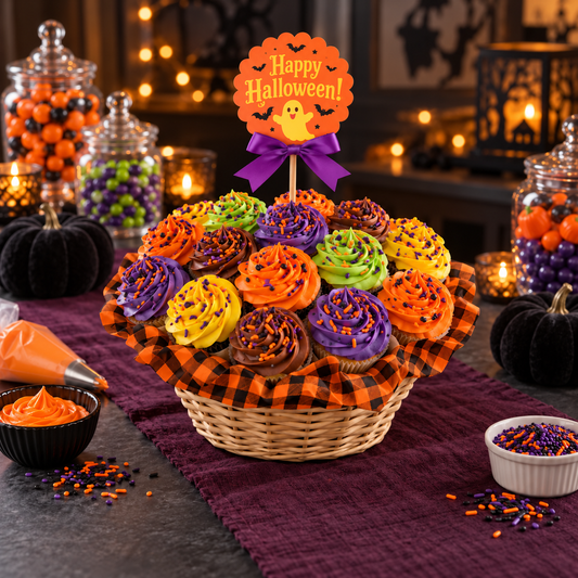 Halloween Basket Cupcake Bouquet of 19 cupcakes domed in a round wicker basket, orange, purple, green, yellow and chocolate buttercream swirls with Halloween sprinkles and a Happy Halloween ghost topper, kosher, made in Chestnut Hill MA