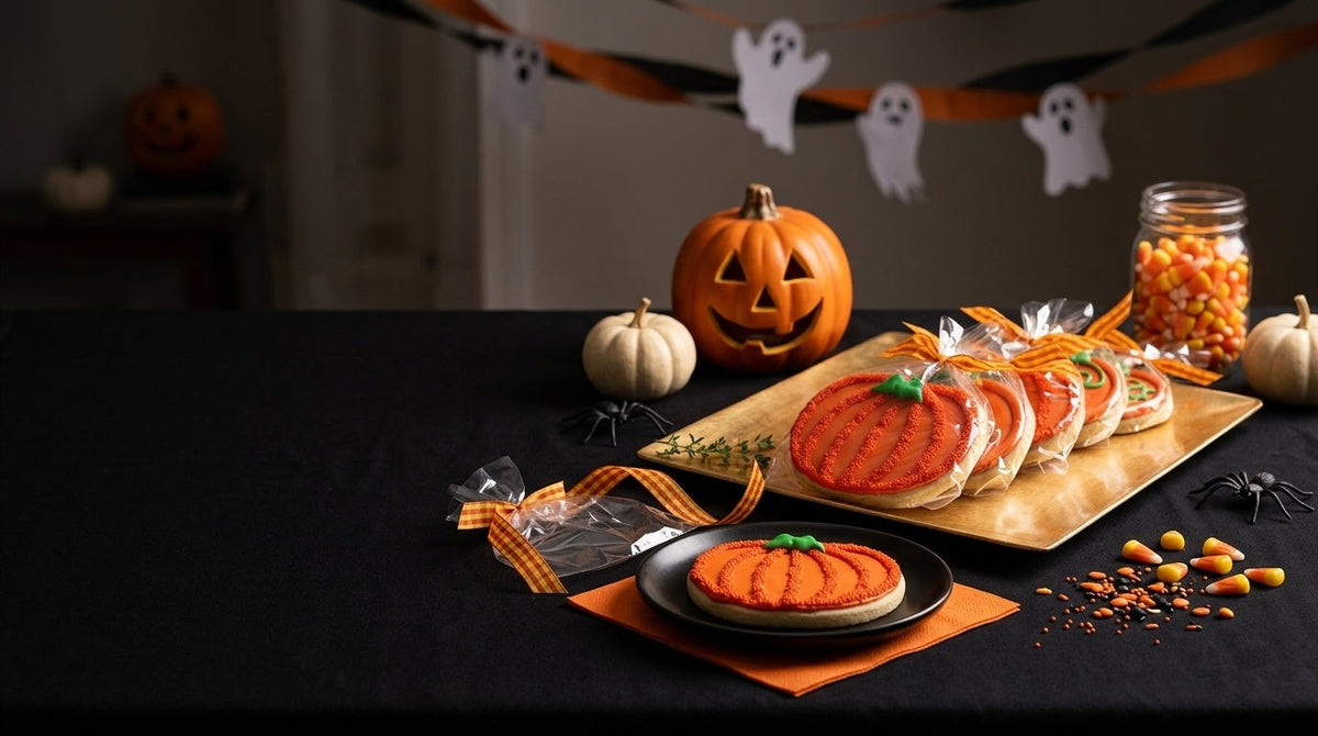 Halloween pumpkin decorated sugar cookies in cello bags with gingham ribbon on a gold tray beside a jack-o'-lantern, white pumpkins and candy corn on a black table