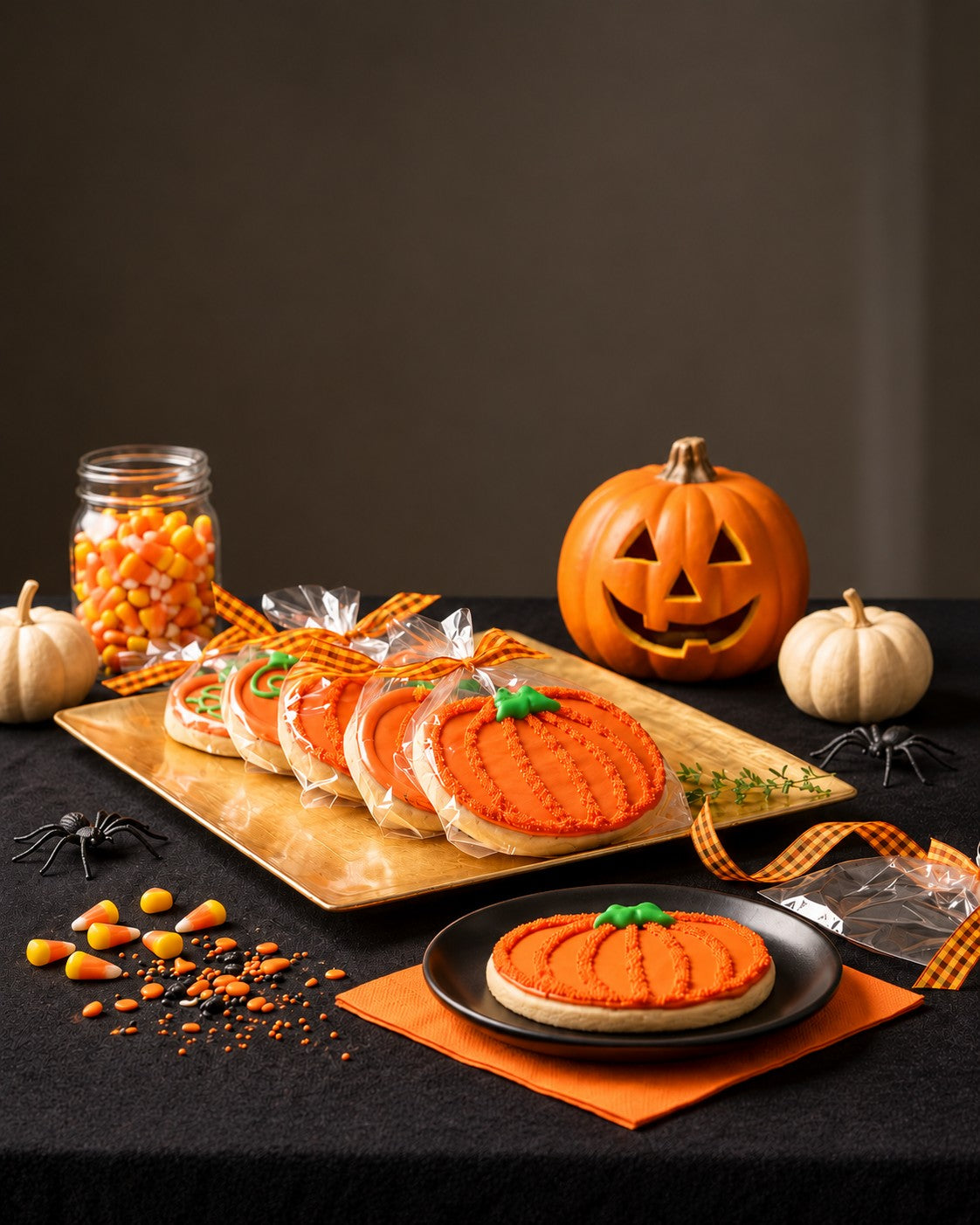 Halloween pumpkin decorated sugar cookies in cello bags with gingham ribbon on a gold tray, with a plated pumpkin cookie and a jack-o'-lantern on a black table