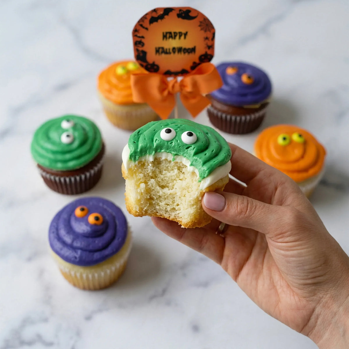 Hand holding a bitten vanilla cupcake with green buttercream and candy eyes beside Halloween cupcakes, kosher, made in Chestnut Hill MA
