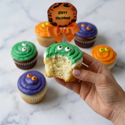 Hand holding a bitten vanilla cupcake with green buttercream and candy eyes beside Halloween cupcakes, kosher, made in Chestnut Hill MA