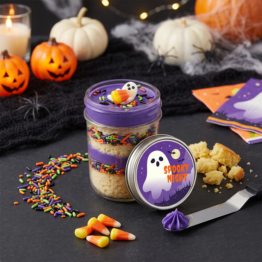 Halloween ghost kosher cupcake jar with purple frosting and ghost toppers.