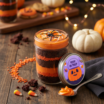 Halloween spider kosher cupcake jar with spider toppers and orange sprinkles.