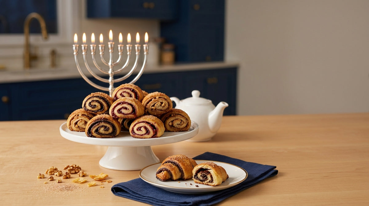 Kosher chocolate, raspberry and cinnamon walnut rugelach piled on a white footed stand on a warm maple kitchen table, with a lit silver menorah and a plate of rugelach in the foreground, in a navy blue kitchen at dusk
