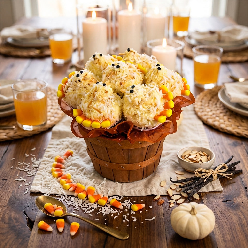 Harvest Chick kosher cupcake bouquet with seven coconut cupcakes and candy corn on a Thanksgiving table from Irislee