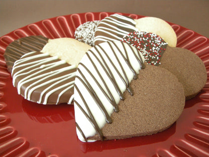 Kosher heart cookies dipped in dark and white chocolate