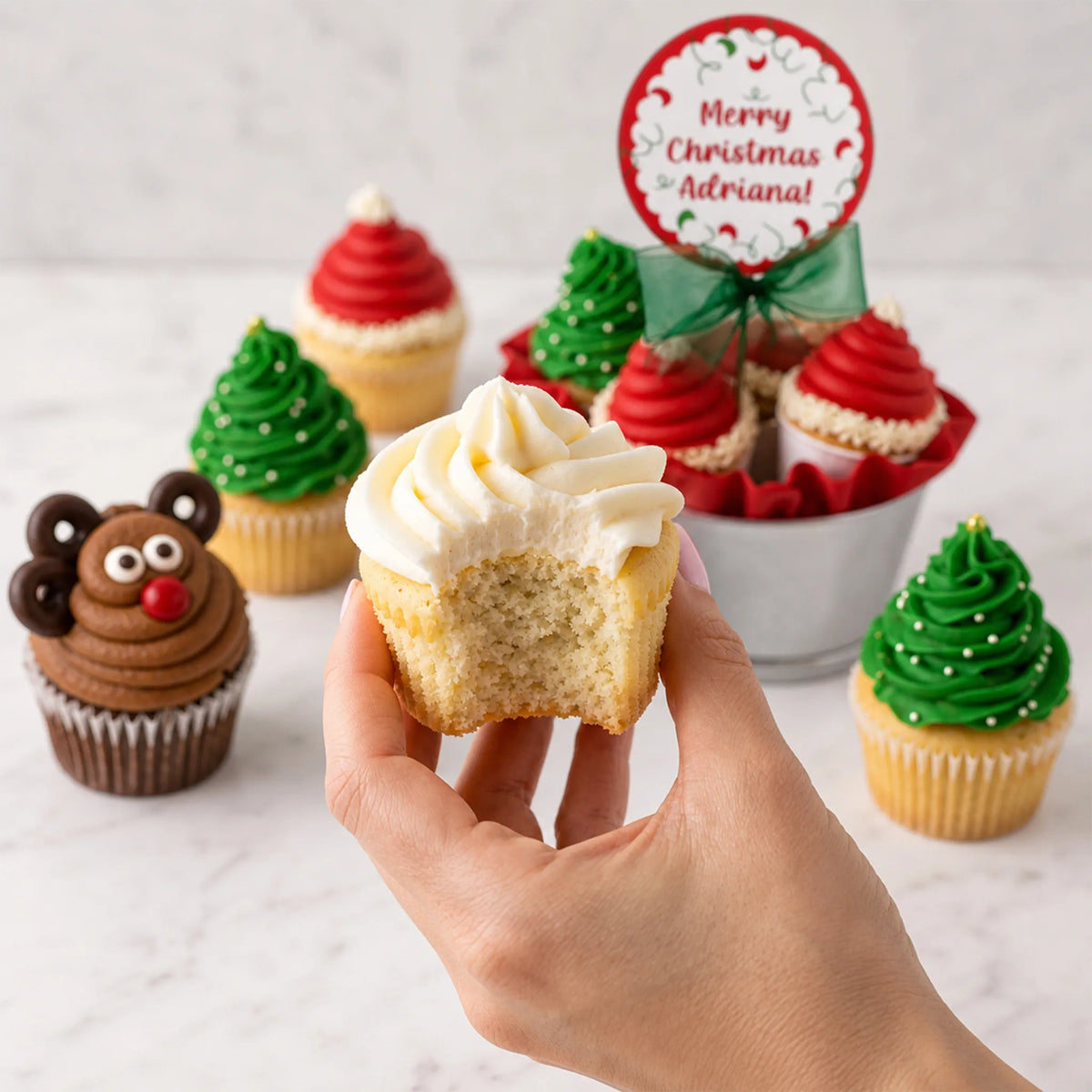 Christmas tree, Santa hat and reindeer cupcakes beside a silver pail bouquet, one vanilla cupcake held in hand, kosher, made in Chestnut Hill MA