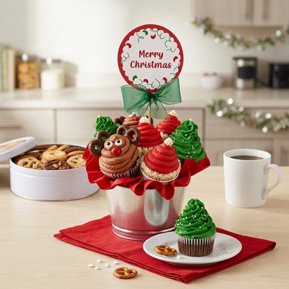 Holiday Cheer cupcake bouquet with green Christmas tree, red Santa hat and reindeer cupcakes in a silver pail with a Merry Christmas topper on a kitchen counter, kosher, made in Chestnut Hill MA
