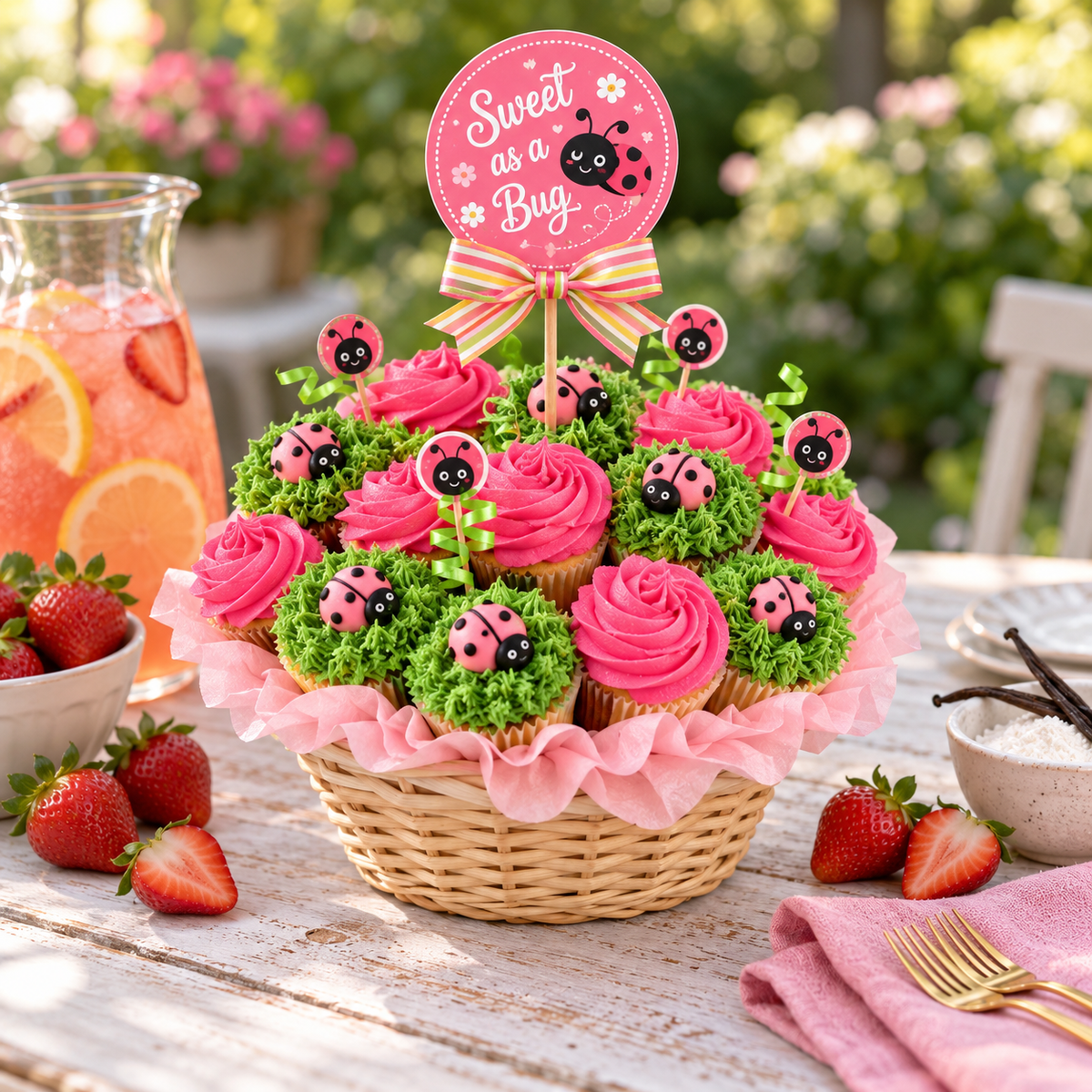 Ladybug Blossoms Cupcake Bouquet of 19 cupcakes domed in a round wicker basket, pink buttercream and green grass cupcakes with fondant ladybugs and a Sweet as a Bug topper, kosher, made in Chestnut Hill MA