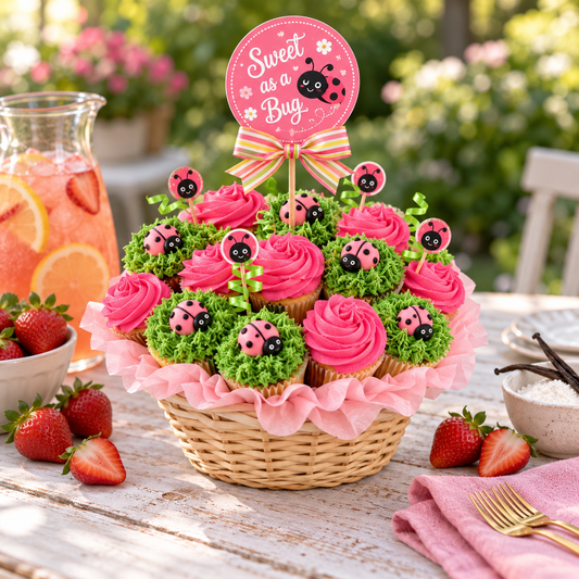 Ladybug Blossoms Cupcake Bouquet of 19 cupcakes domed in a round wicker basket, pink buttercream and green grass cupcakes with fondant ladybugs and a Sweet as a Bug topper, kosher, made in Chestnut Hill MA