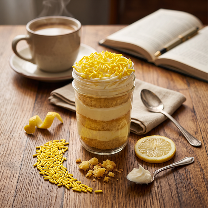 Lemon kosher cupcake jar with lemon cake, lemon frosting, and sprinkles.