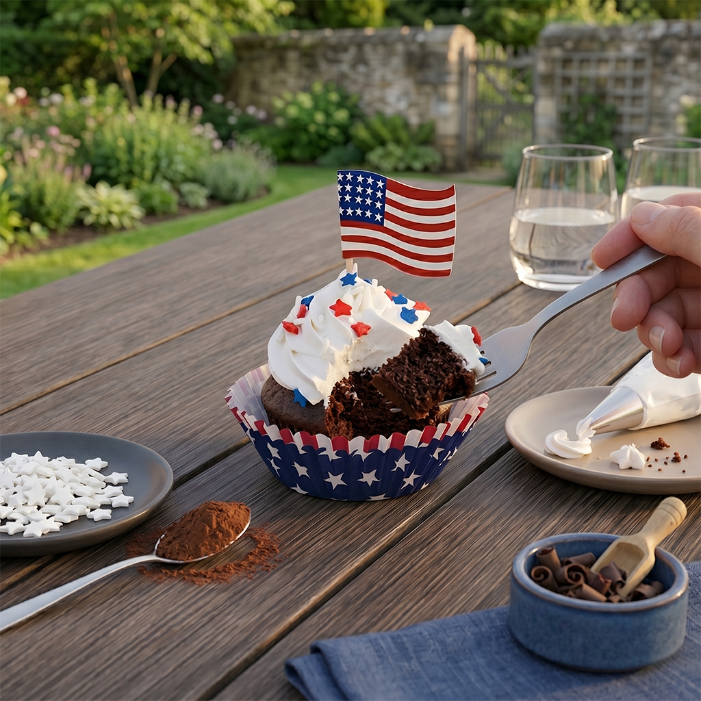 Chocolate Liberty Gourmet Cupcake with a bite taken, topped with white frosting, star sprinkles and a flag pick, kosher, made in Chestnut Hill MA