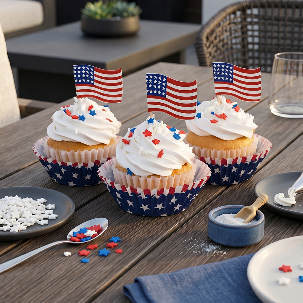 Vanilla Liberty Gourmet Cupcakes with white frosting, red, white and blue star sprinkles and American flag picks in star print liners on a patio table, kosher, made in Chestnut Hill MA