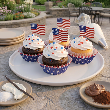 Vanilla and chocolate Liberty Gourmet Cupcakes with flag picks and star sprinkles on a white platter, kosher, made in Chestnut Hill MA