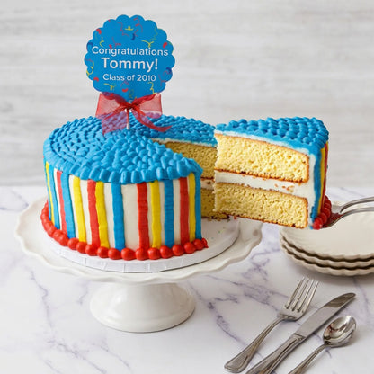 Multi Stripe Cake with a slice lifted out showing two vanilla layers and buttercream filling, kosher, made in Chestnut Hill MA
