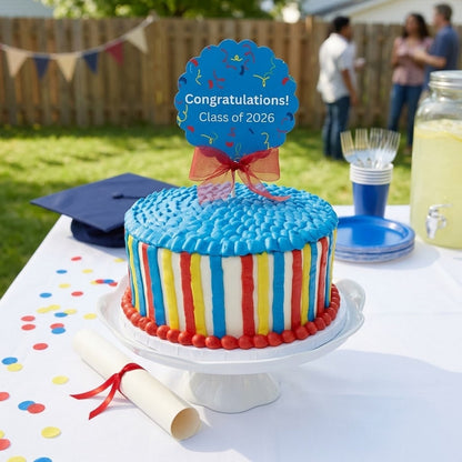 Multi Stripe Cake with blue, yellow, red and white buttercream stripes and a graduation topper at a backyard party, kosher, made in Chestnut Hill MA