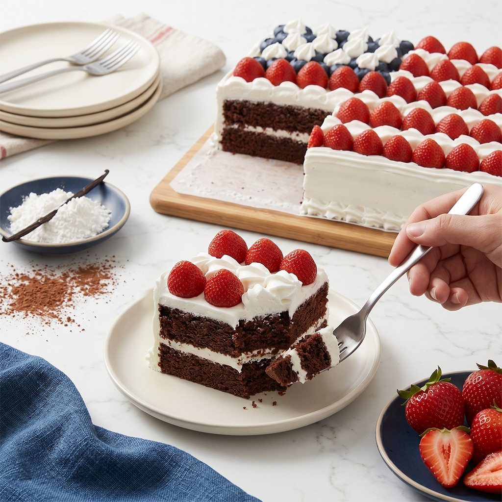 Slice of chocolate Patriotic Fresh Berry Flag Cake topped with strawberries and white frosting beside the cut flag sheet cake, kosher, made in Chestnut Hill MA