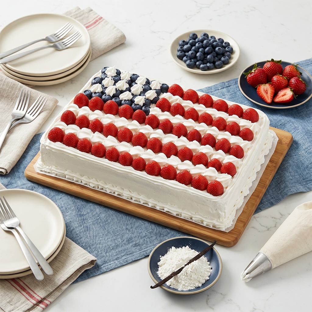 Patriotic Fresh Berry Flag Cake with strawberry stripes and a blueberry star field on white frosting on a wooden board with plates and bowls of berries, kosher, made in Chestnut Hill MA