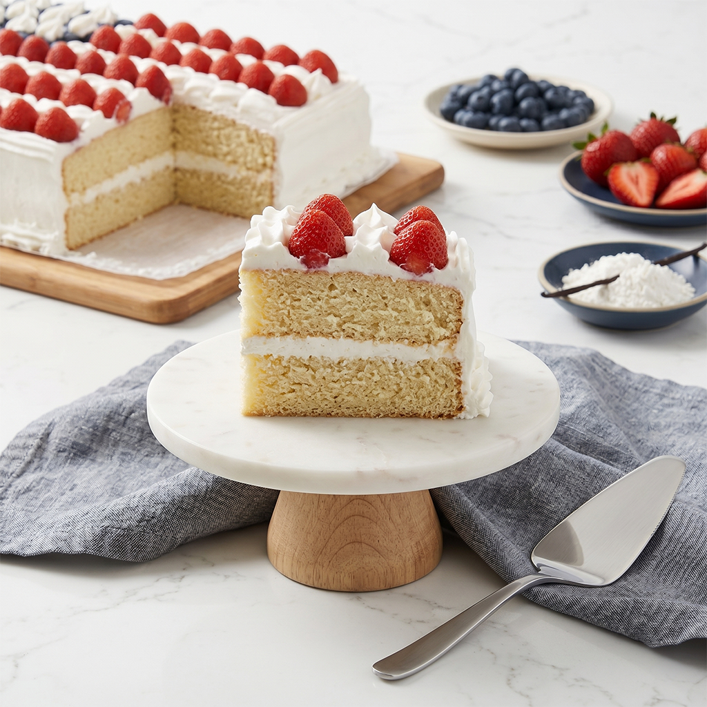 Slice of vanilla Patriotic Fresh Berry Flag Cake with white frosting filling and strawberries on a marble cake stand, kosher, made in Chestnut Hill MA