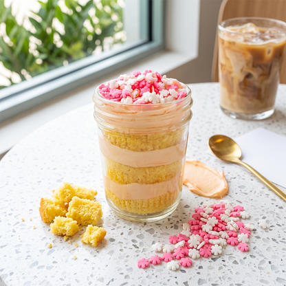 Pretty in pink kosher cupcake jar with vanilla cake, pink vanilla frosting, and pink and white sprinkles.