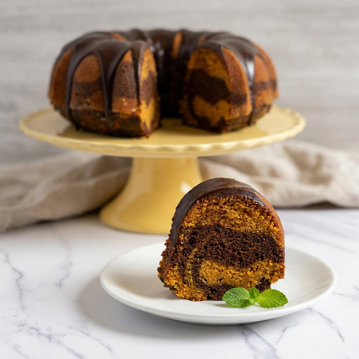 Slice of Pumpkin Marble Cake showing swirled pumpkin and chocolate crumb beside the ganache topped bundt, kosher, made in Chestnut Hill MA