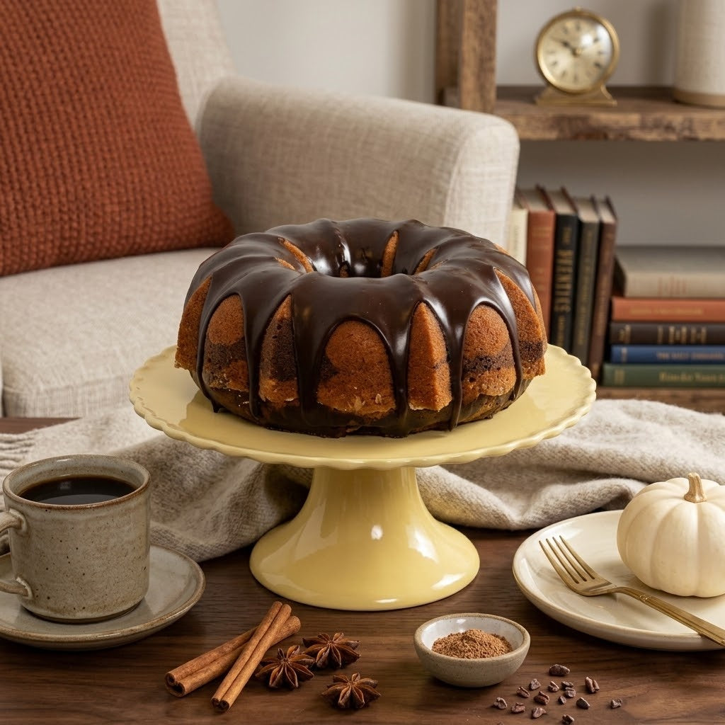 Pumpkin Marble Cake bundt with glossy chocolate ganache on a yellow cake stand in a cozy autumn living room, kosher, made in Chestnut Hill MA