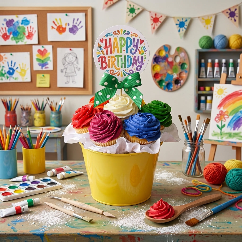 Rainbow kosher cupcake bouquet with seven handcrafted cupcakes from Irislee