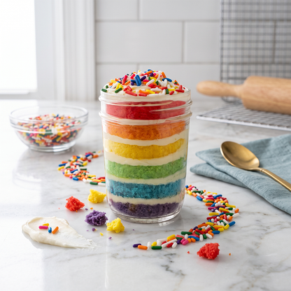 Rainbow kosher cupcake jar with six vibrant layers of vanilla cake, vanilla buttercream, and rainbow sprinkles.