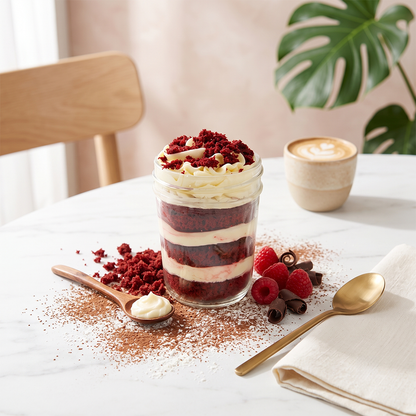 Red velvet kosher cupcake jar with layered red velvet cake, vanilla buttercream, and cake crumb topping.