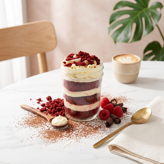 Red velvet kosher cupcake jar with layered red velvet cake, vanilla buttercream, and cake crumb topping.