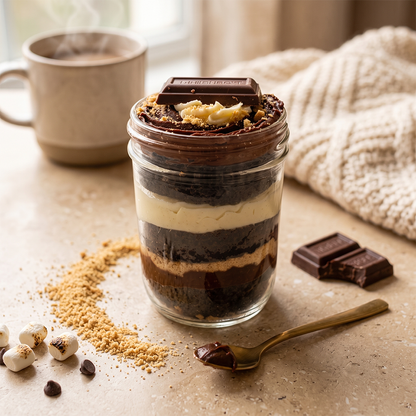S'mores kosher cupcake jar with chocolate cake, graham crackers, chocolate buttercream, and marshmallow frosting.