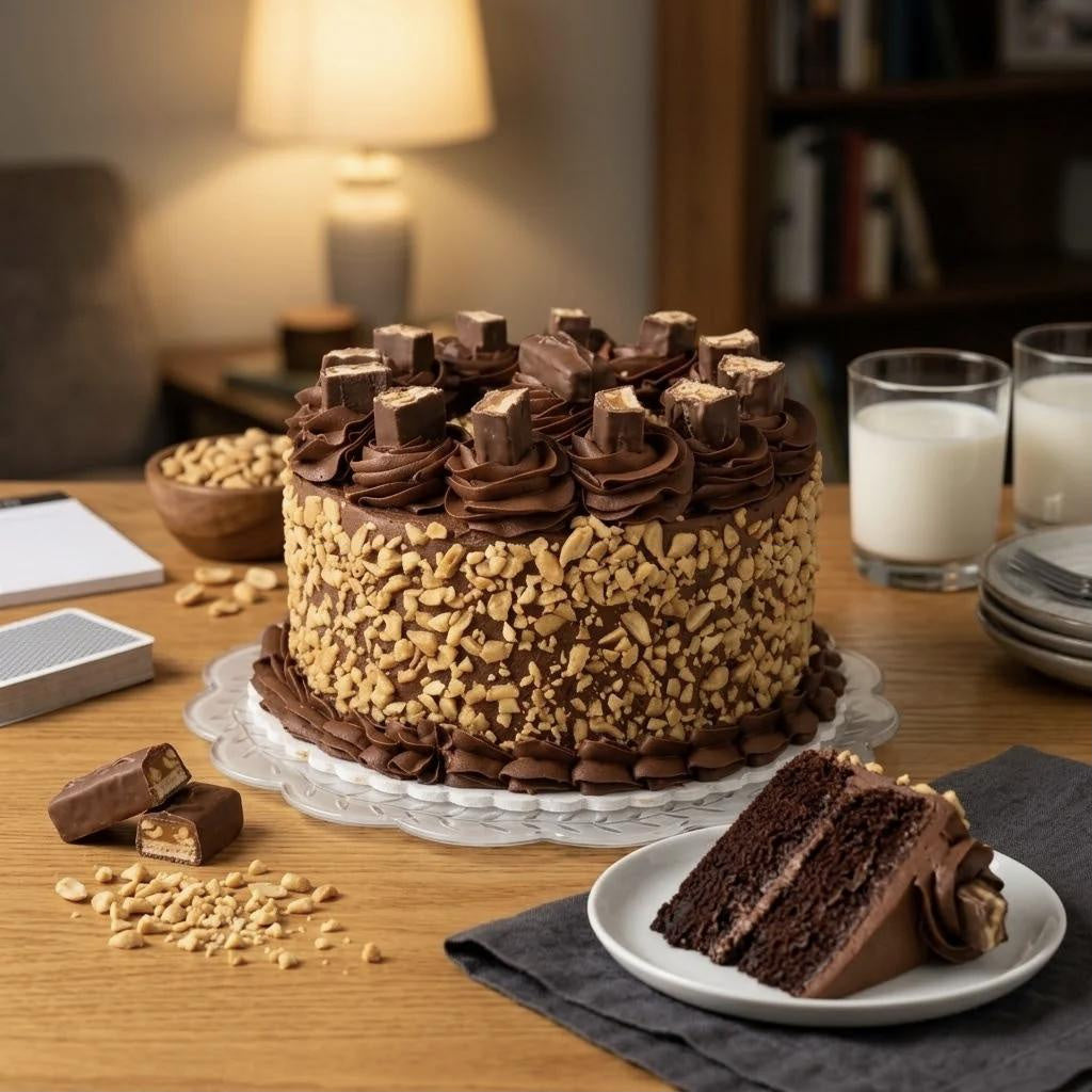 Snickers cake on a glass stand beside a slice, Snickers bars, peanuts and glasses of milk on a wooden table, kosher, made in Chestnut Hill MA