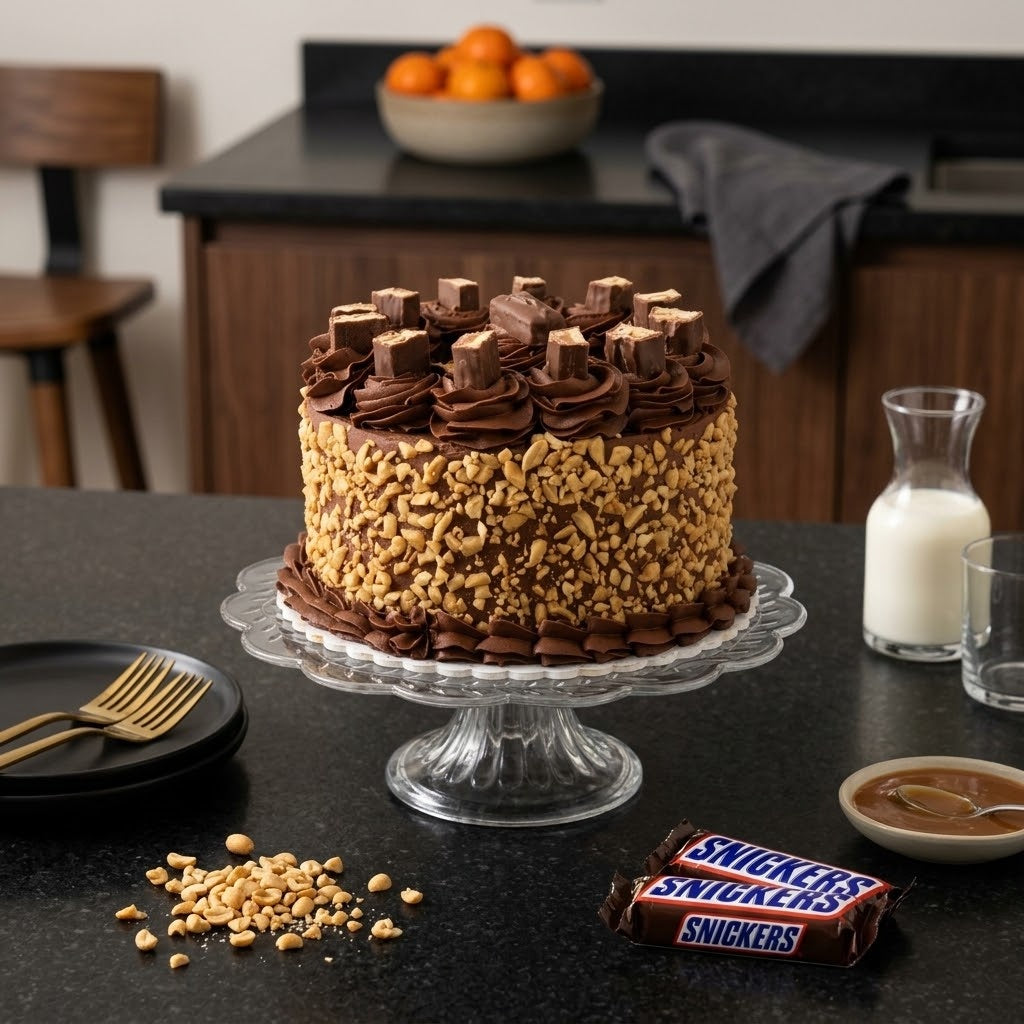 Snickers cake with chocolate buttercream rosettes, Snickers pieces and chopped peanuts on a glass cake stand in a kitchen, kosher, made in Chestnut Hill MA