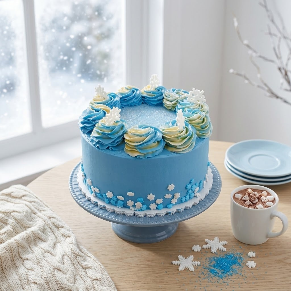 Snowflake Cake in pale blue buttercream with blue and cream rosettes and white fondant snowflakes on a blue cake stand beside a snowy window and a mug of hot cocoa, kosher, made in Chestnut Hill MA