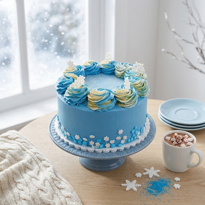 Snowflake Cake in pale blue buttercream with blue and cream rosettes and white fondant snowflakes on a blue cake stand beside a snowy window and a mug of hot cocoa, kosher, made in Chestnut Hill MA