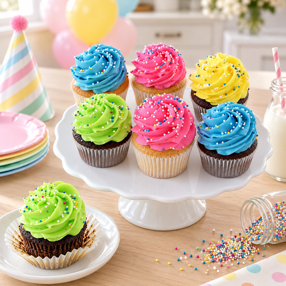Six Sprinkles Swirl Cupcakes in blue, pink, yellow and lime green buttercream with rainbow nonpareils on a white cake stand at a kitchen birthday party, kosher, made in Chestnut Hill MA