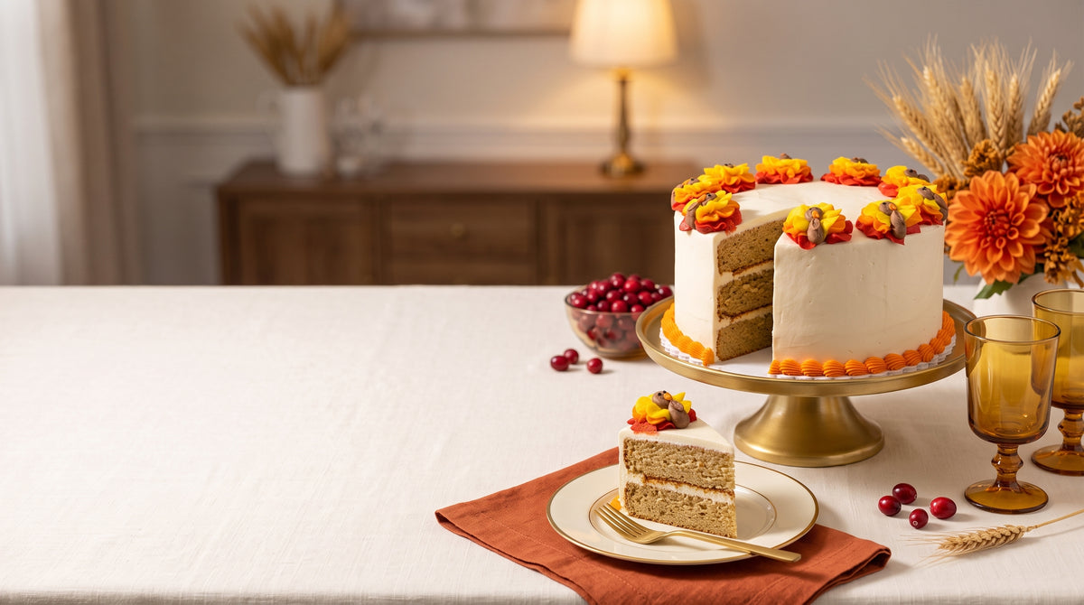 Thanksgiving layer cake with piped turkey decorations on a gold cake stand, one slice plated with cranberries and wheat on the table