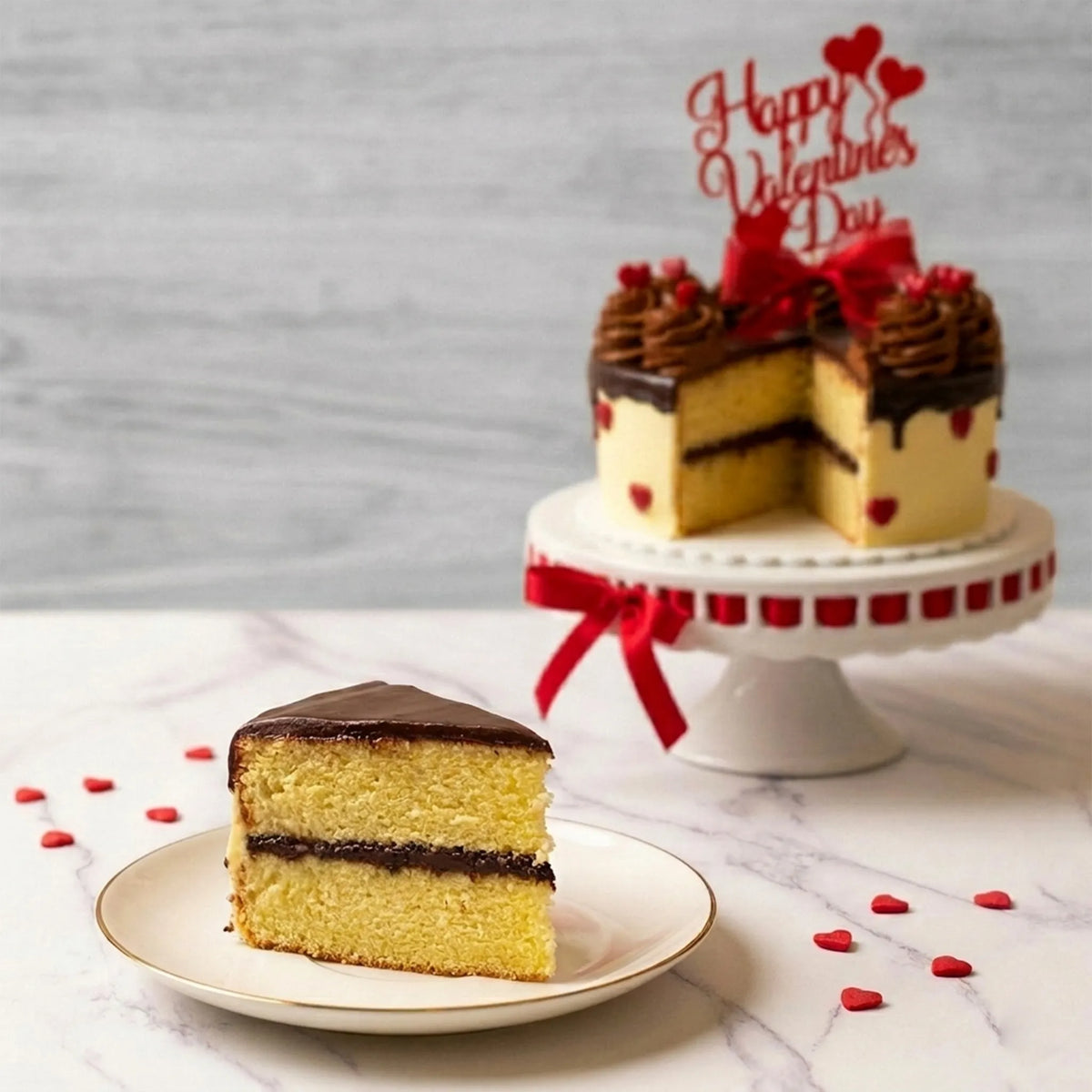 Slice of vanilla Valentine's Day cake with chocolate filling and ganache beside the cut True Love cake, kosher, made in Chestnut Hill MA