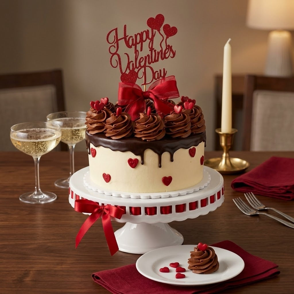 Ivory buttercream Valentine's Day cake with chocolate ganache drip, red hearts and a Happy Valentine's Day topper on a cake stand, kosher, made in Chestnut Hill MA