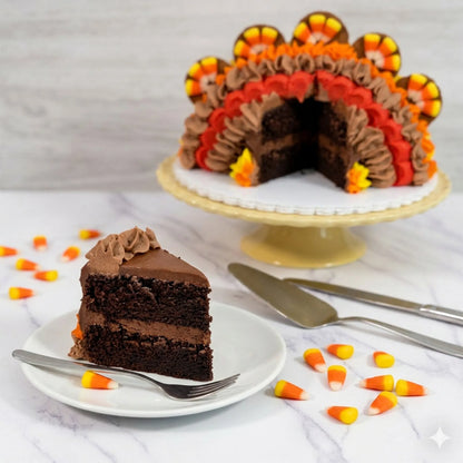 Slice of chocolate turkey cake with chocolate buttercream filling beside the cut sculpted turkey cake, kosher, made in Chestnut Hill MA