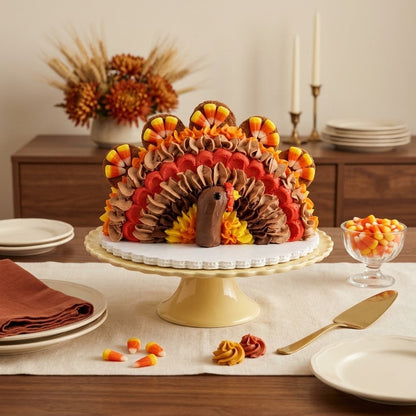 Sculpted turkey cake with piped buttercream feathers and candy corn on a cream pedestal stand on a Thanksgiving table, kosher, made in Chestnut Hill MA