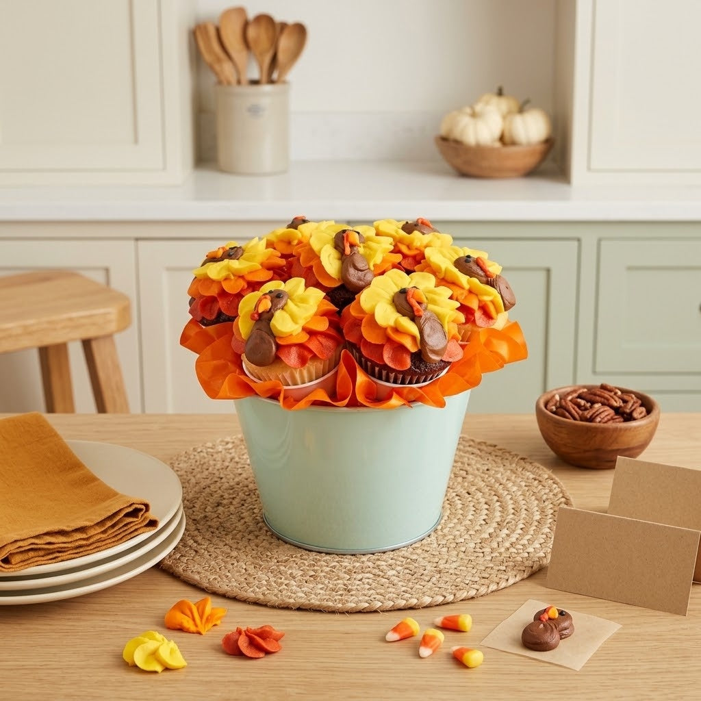Turkey cupcake bouquet of seven turkey decorated cupcakes in a mint pail with an orange ruffled collar on a kitchen table, kosher, made in Chestnut Hill MA