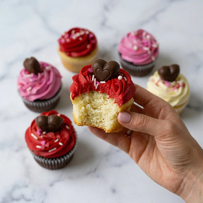 Valentine cupcakes with heart sprinkles and chocolate hearts on marble, one held in hand showing vanilla cake, kosher, made in Chestnut Hill MA
