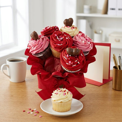Valentine cupcake bouquet of seven red, pink and cream cupcakes with chocolate hearts, wrapped in red with a bow on a desk beside coffee, kosher, made in Chestnut Hill MA