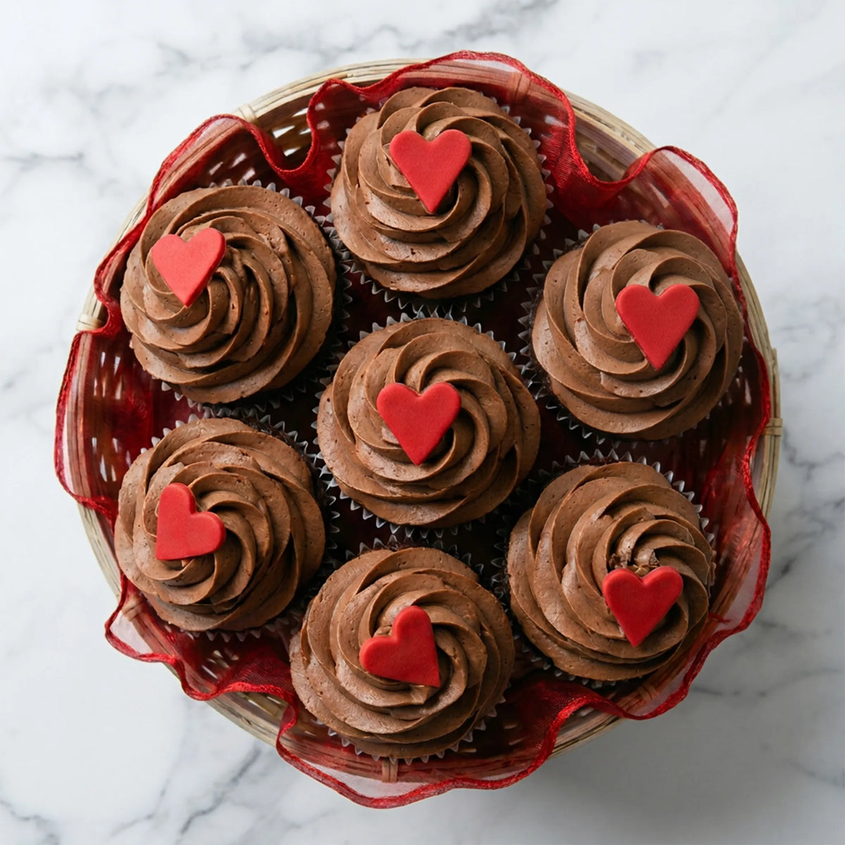 Top view of seven chocolate buttercream cupcakes with red fondant hearts in a basket with a red organza liner, kosher, made in Chestnut Hill MA