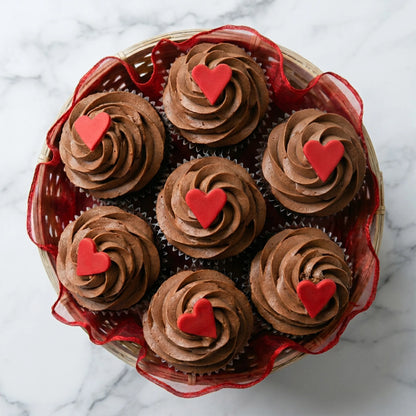 Top view of seven chocolate buttercream cupcakes with red fondant hearts in a basket with a red organza liner, kosher, made in Chestnut Hill MA