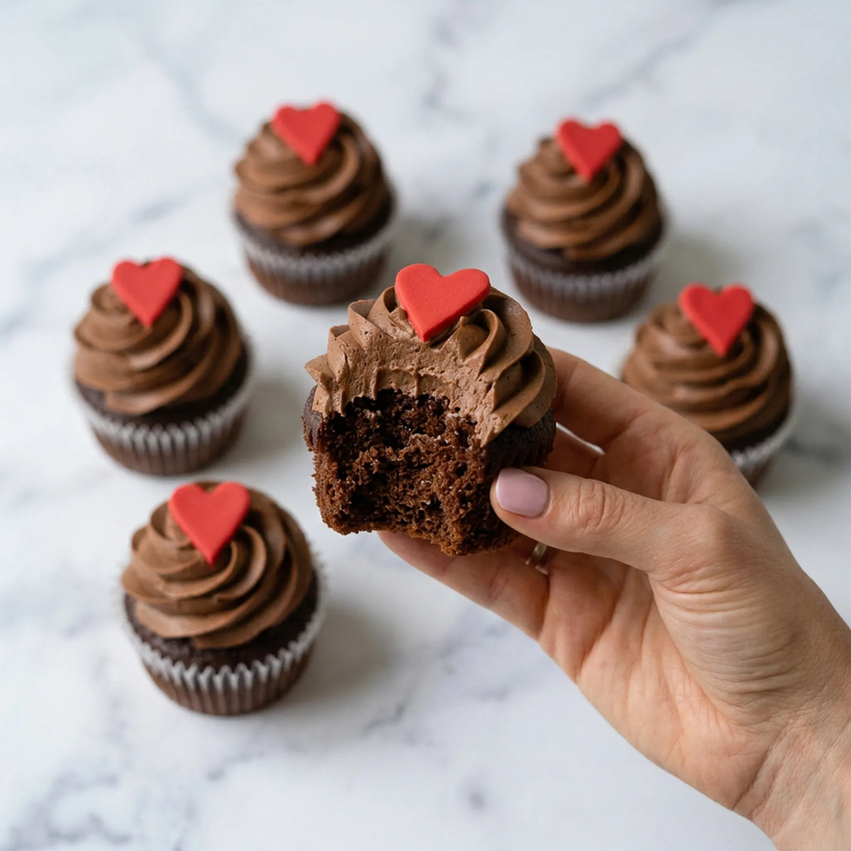 Hand holding a chocolate cupcake with chocolate buttercream and a red fondant heart, bitten to show the chocolate cake inside, kosher, made in Chestnut Hill MA